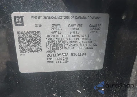 2020 Chevrolet Impala Fwd Premier из США, поврежденный, VIN 2G1105S38L9101184